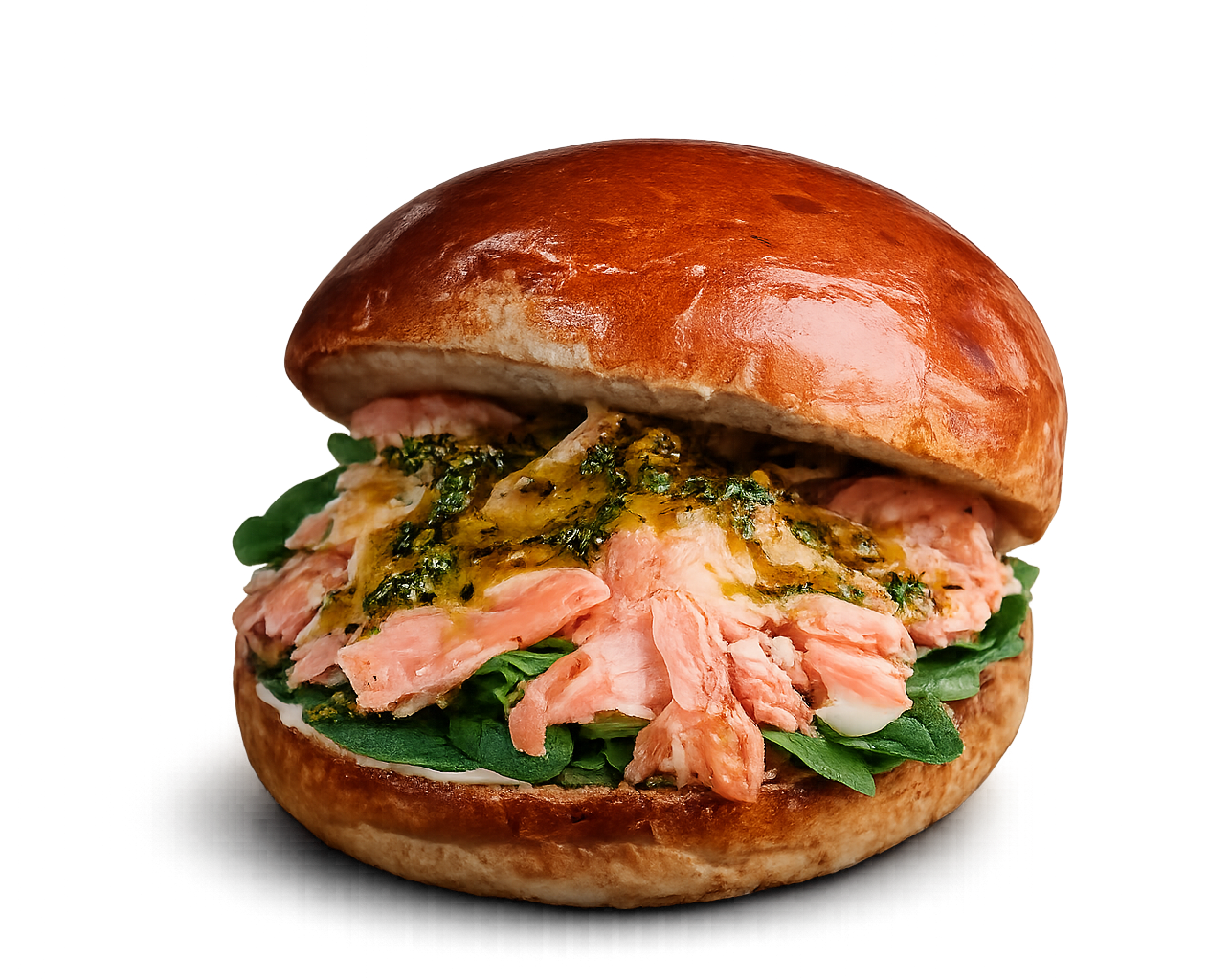 Salmon sandwich with herbs on a brioche bun, isolated on white background