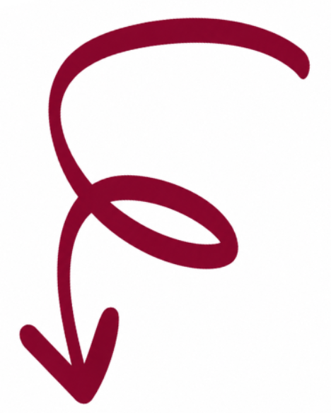 Freccia color bordeaux a forma di nastro che curva verso il basso e a sinistra su sfondo bianco.