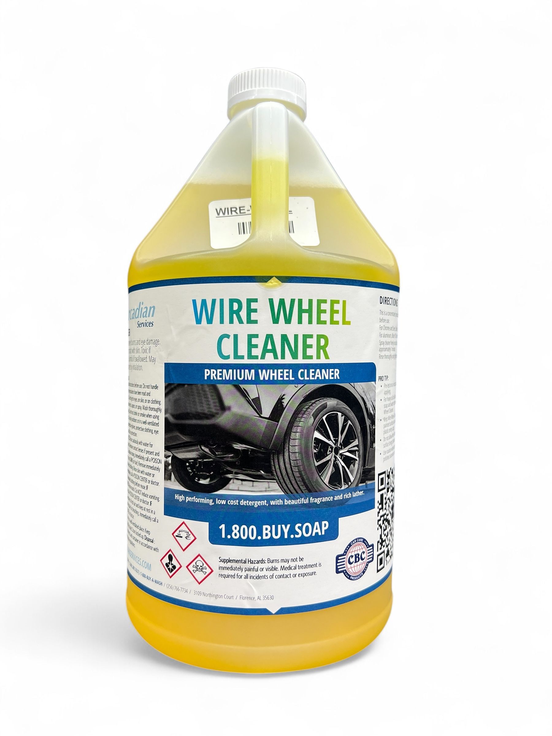 Yellow bottle of Wire Wheel Cleaner with car wheel graphic on the label