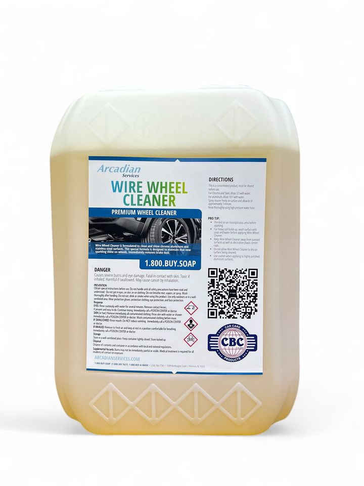 White wheel cleaner plastic jug with blue-and-white label and yellow liquid inside