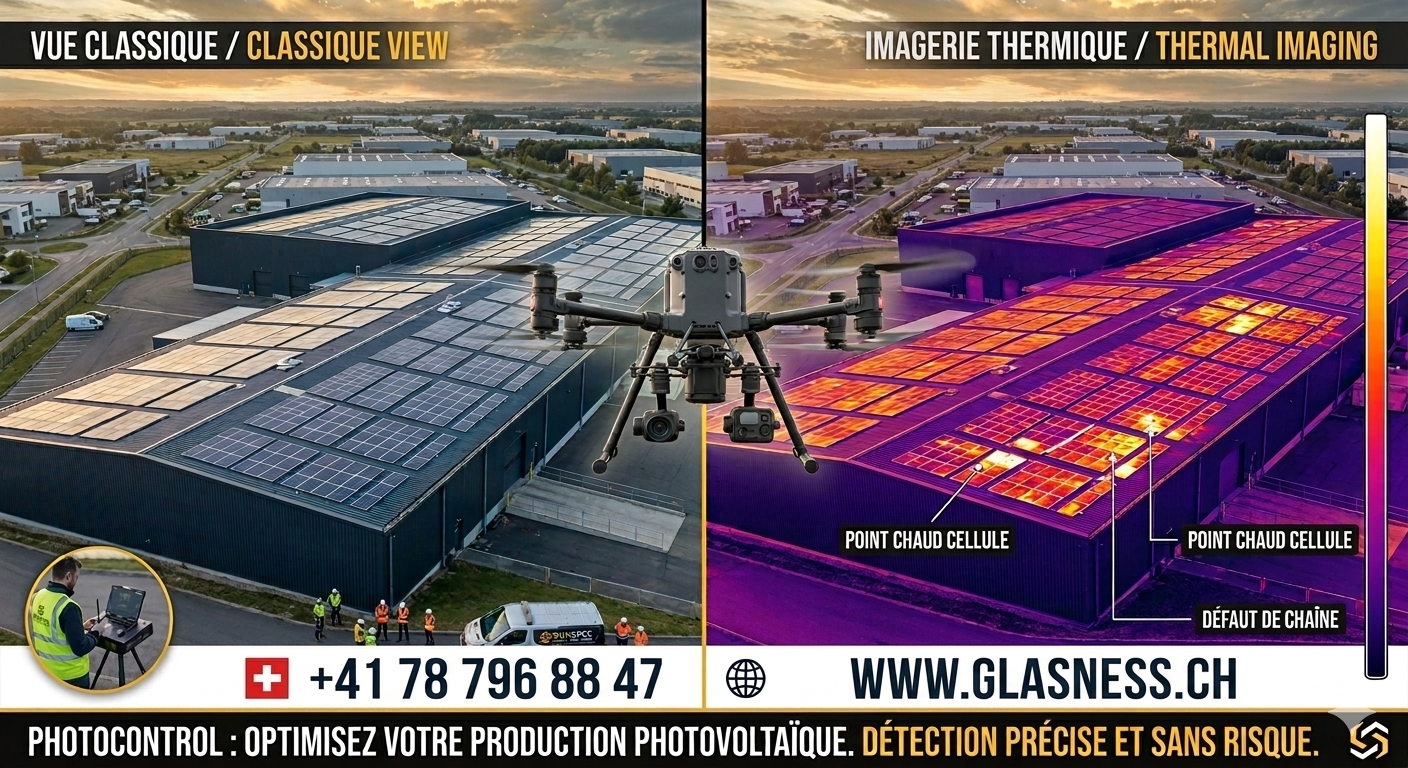 Toiture de panneaux solaires, vue partagée entre inspection classique et inspection thermique par drone et superposition d'une carte thermique.