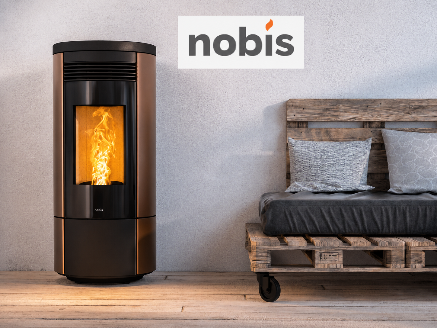 Un poêle à granulés noirs inonde la pièce, à côté d'un canapé en palettes, dans un salon moderne orné d'une enseigne « nobis » au mur.