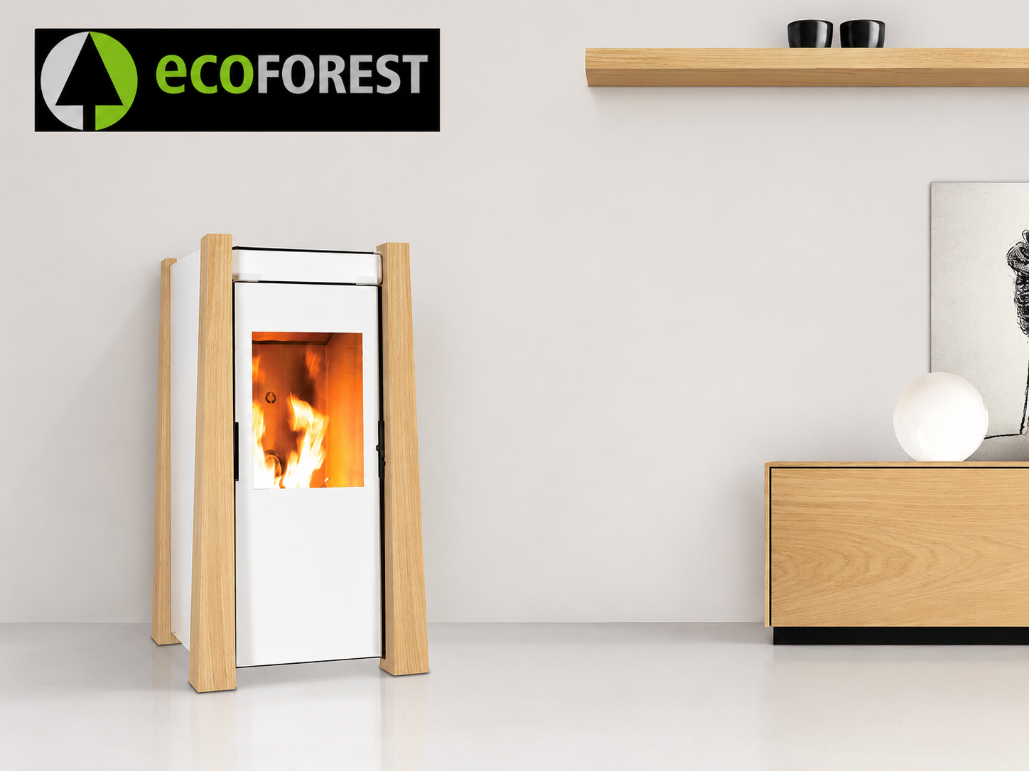 Poêle à granulés de bois blanc moderne avec flamme visible dans une pièce minimaliste