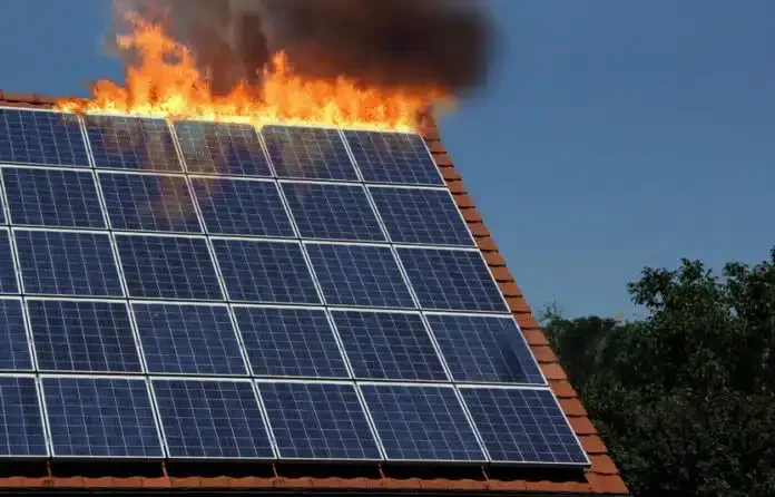 Des panneaux solaires sur un toit, avec des flammes et une épaisse fumée noire qui s'élèvent derrière eux.