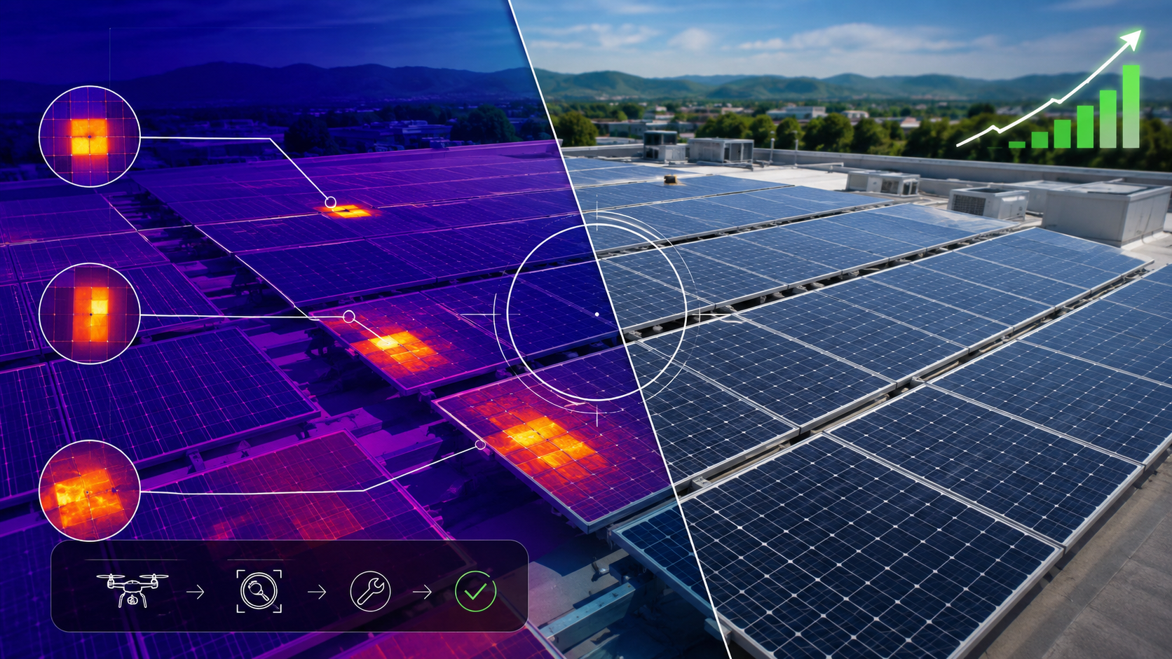 Panneaux solaires à vue divisée avec superposition de carte thermique et graphique d'efficacité verte croissante