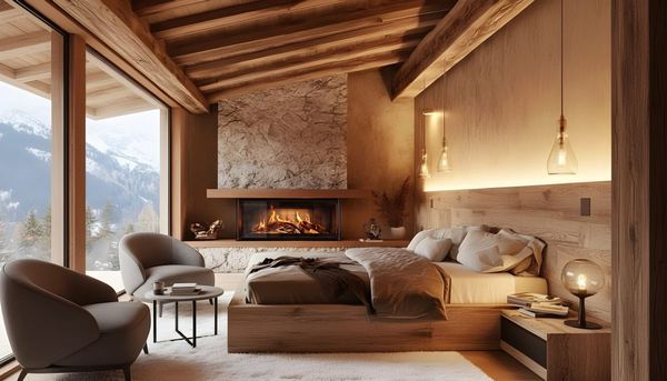 Chambre rustique et confortable avec cheminée, poutres apparentes, vue sur la montagne et décoration neutre et chaleureuse.