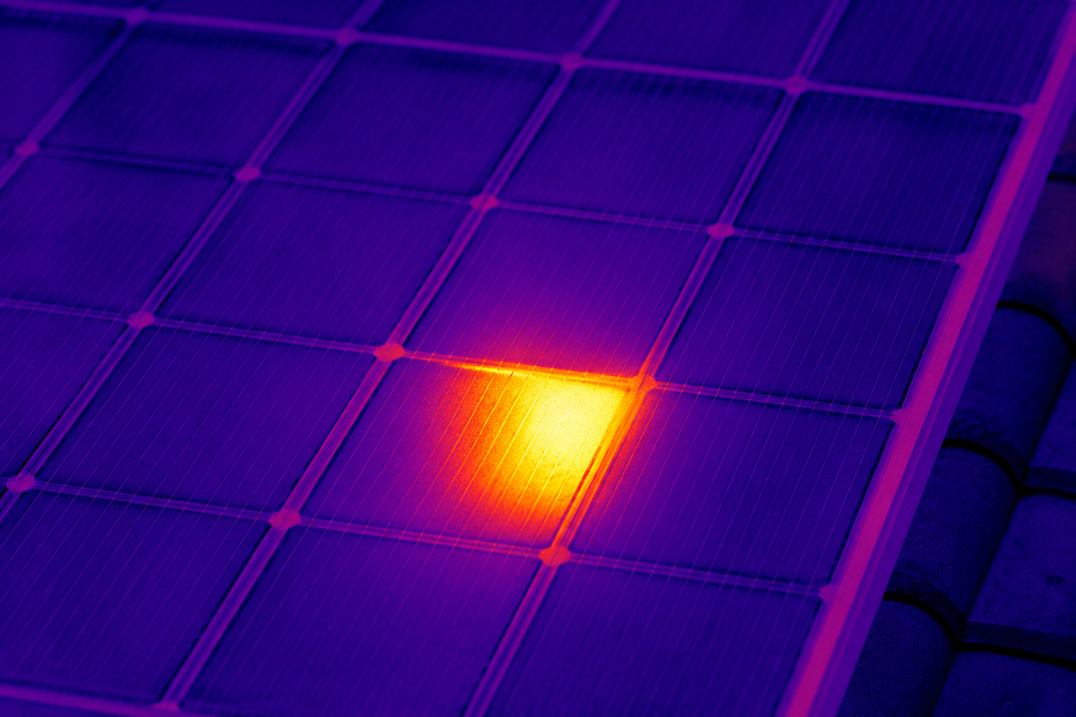 Gros plan d'un panneau solaire avec un reflet orange vif sur sa grille bleue