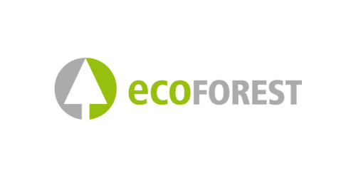 Logo EcoForest avec une icône d'arbre circulaire verte et grise et un logotype