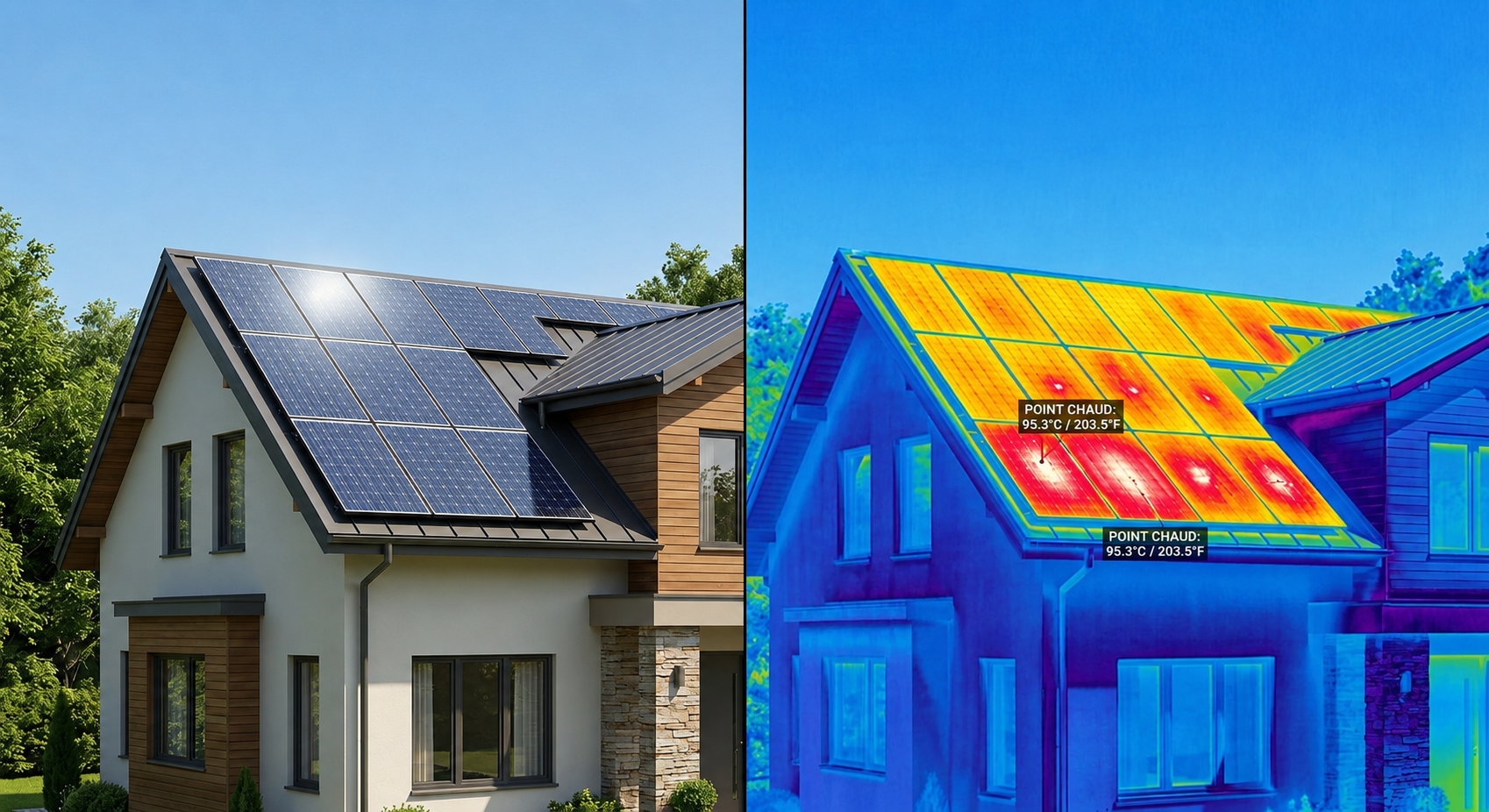 Toiture de maison avec panneaux solaires, présentée en vue normale et thermique.