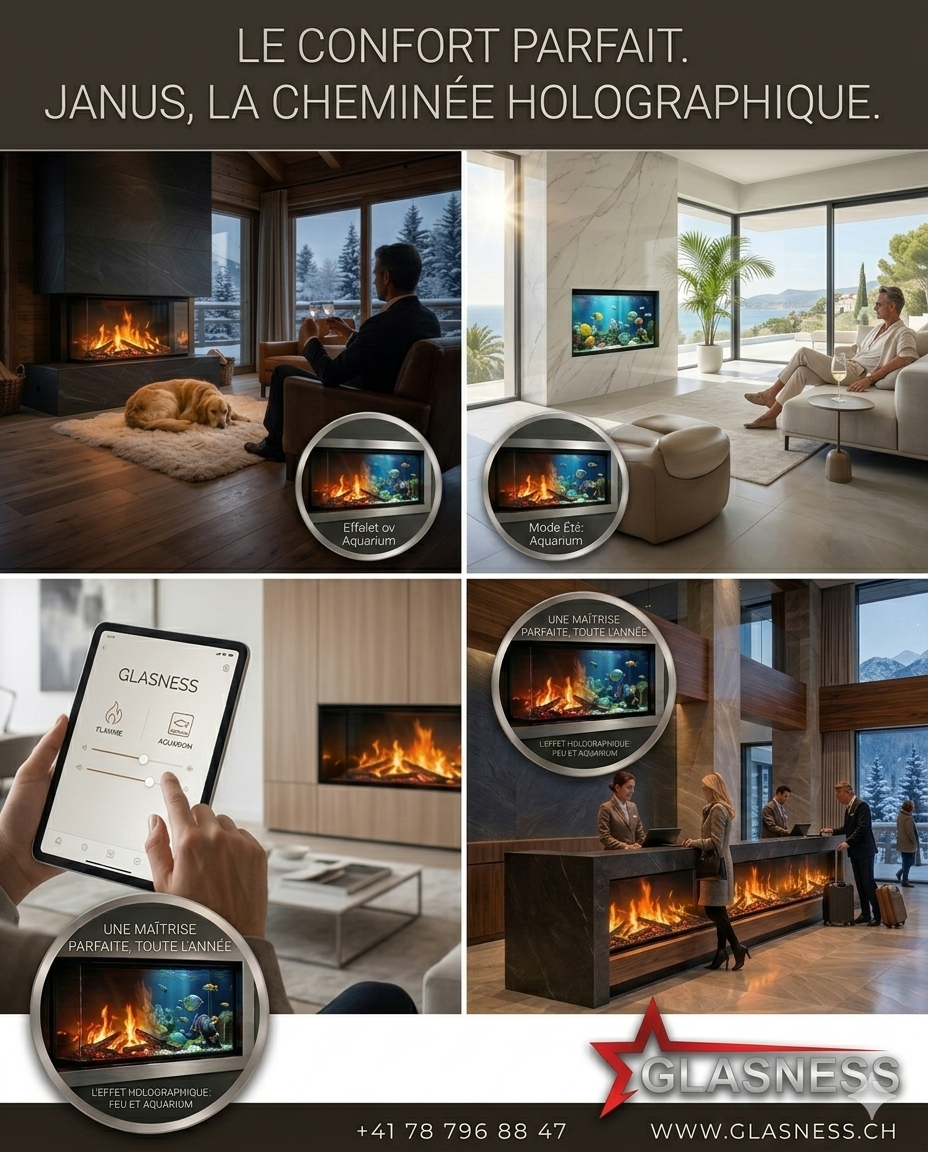 Publicité en quatre panneaux pour la cheminée holographique Janus dans les salons modernes, avec télécommande et flammes.