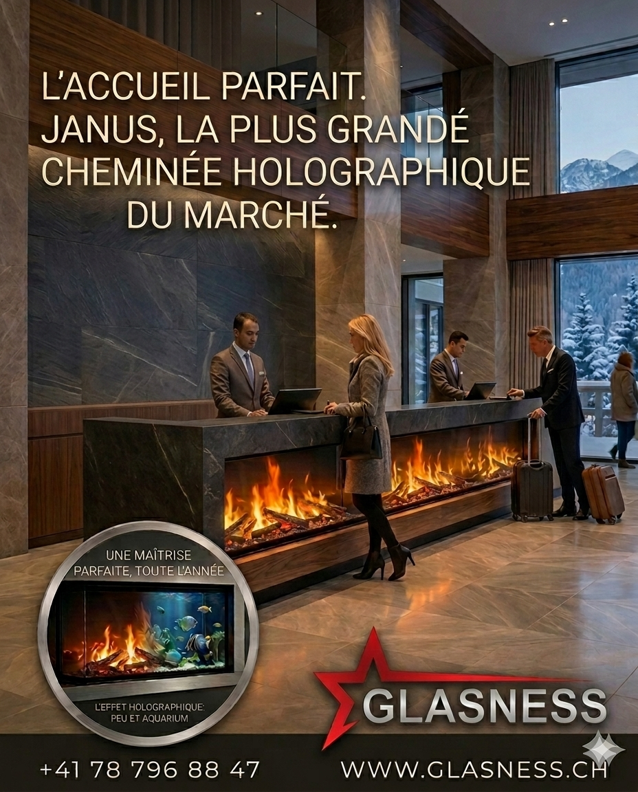 Salon moderne avec une grande cheminée vitrée et deux personnes debout à proximité, ainsi que le logo Glaness et du texte en français