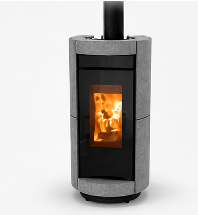 Poêle à bois moderne noir et gris avec une flamme orange visible à travers une vitre.