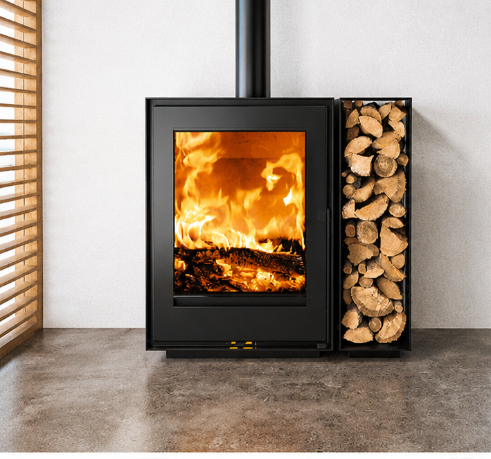 Poêle à bois noir moderne avec flammes visibles et bûches empilées à côté dans une pièce minimaliste