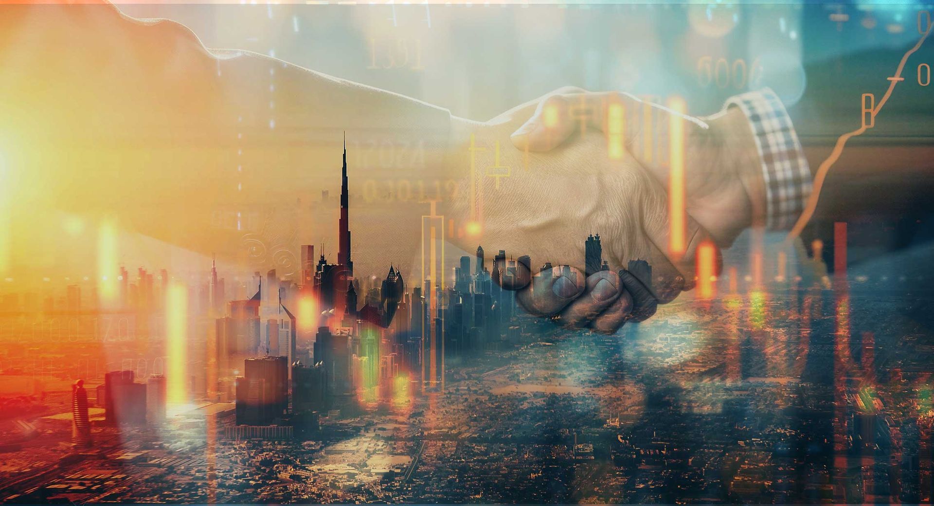 Rapid Growth - Business handshake sealing a deal in Dubai with sunset skyline in the background