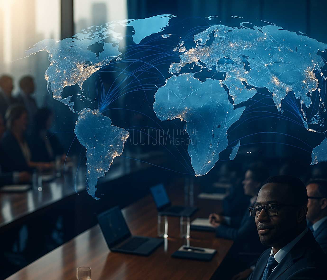 Business leaders discussing European expansion into the UAE with global market data