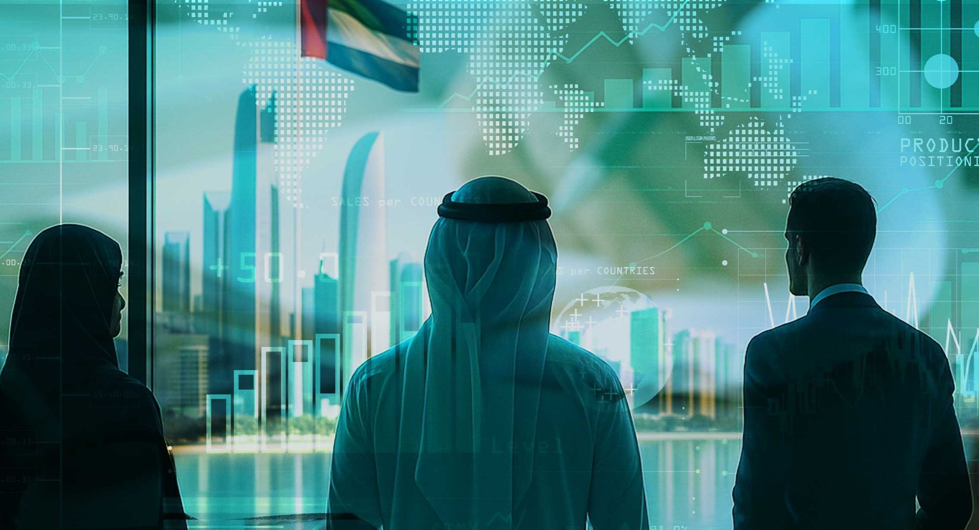 Emirati leader and Auctora Analytica team overlooking Abu Dhabi skyline with UAE flag