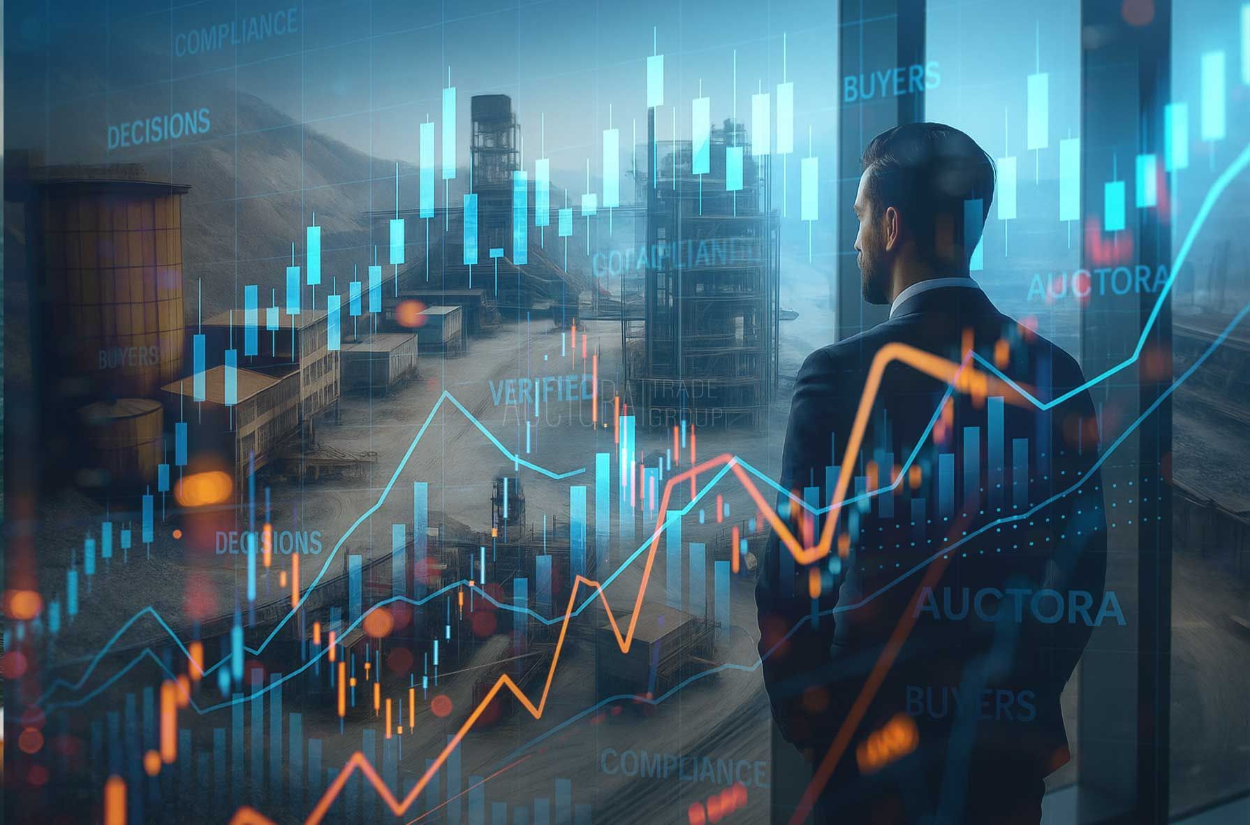 Man looking out to an oil refinery with performance charts for entity verification