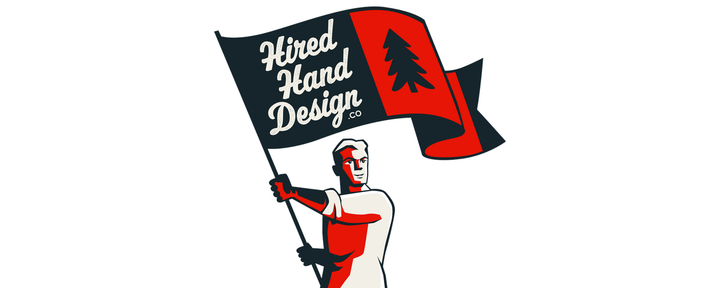 Illustration of a person holding a black-and-red flag reading “Mixed Hand Design”