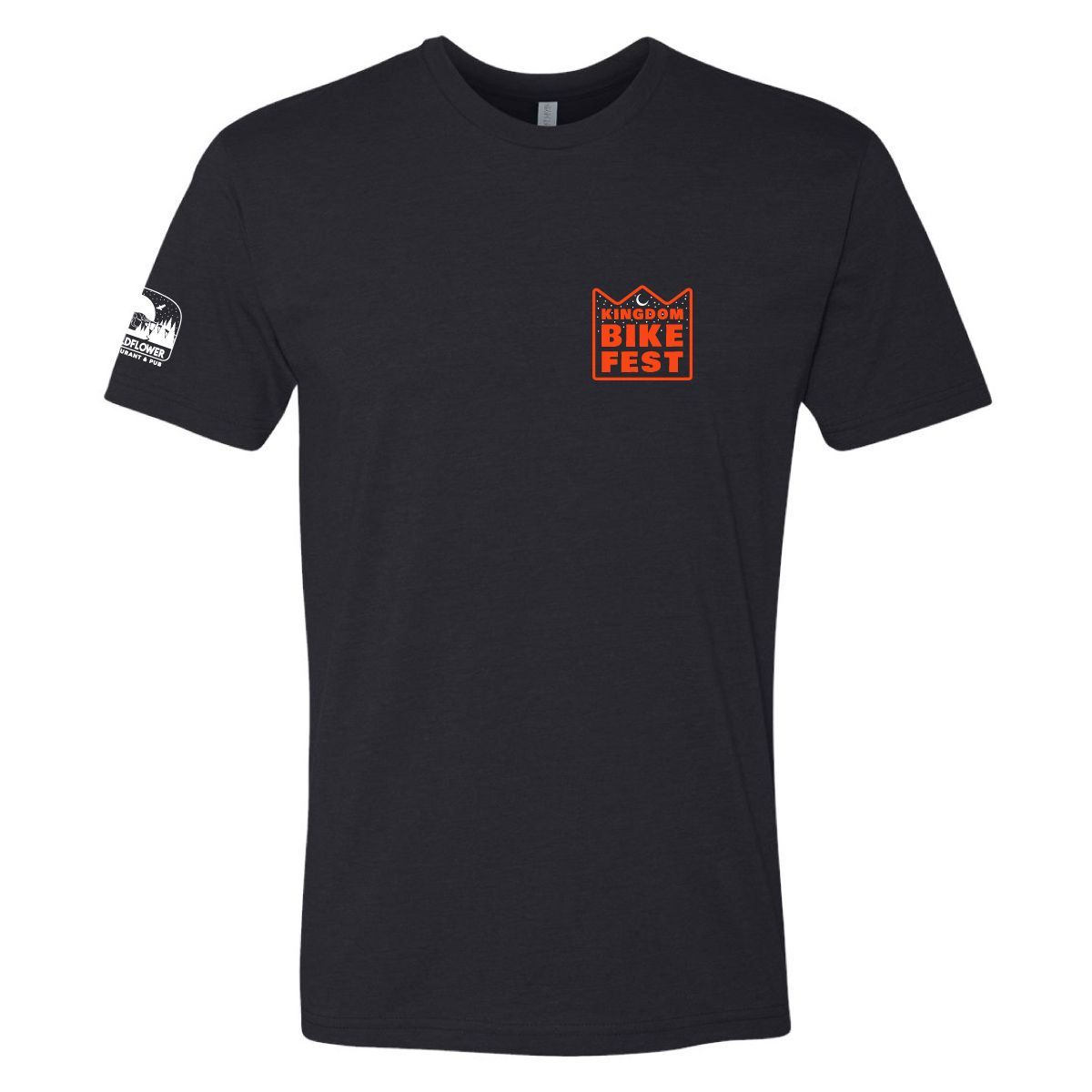 Black T-shirt with small orange logo on the chest and white logo on the left sleeve