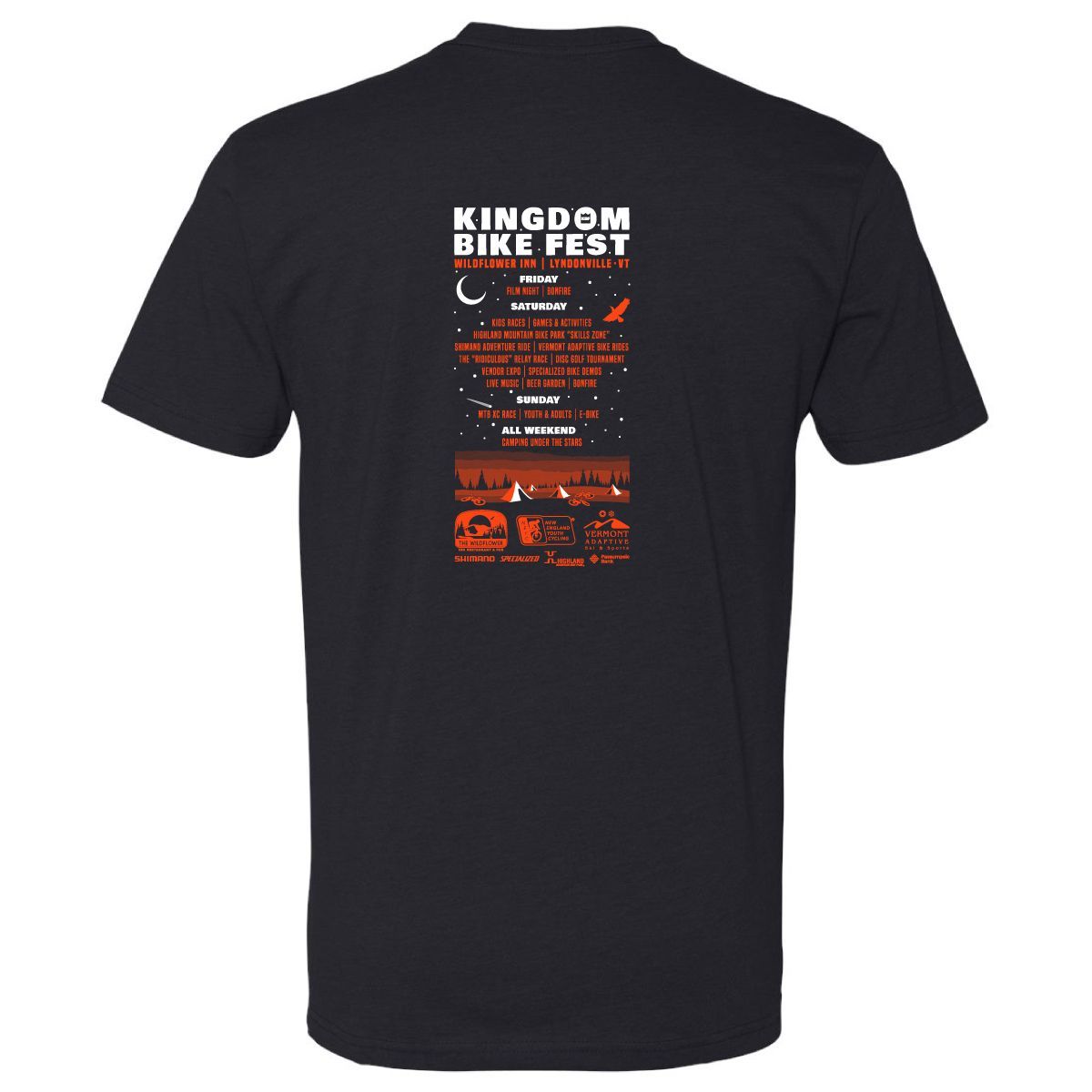 Black T-shirt with a small white and orange Kingdom Bike Fest graphic on the chest