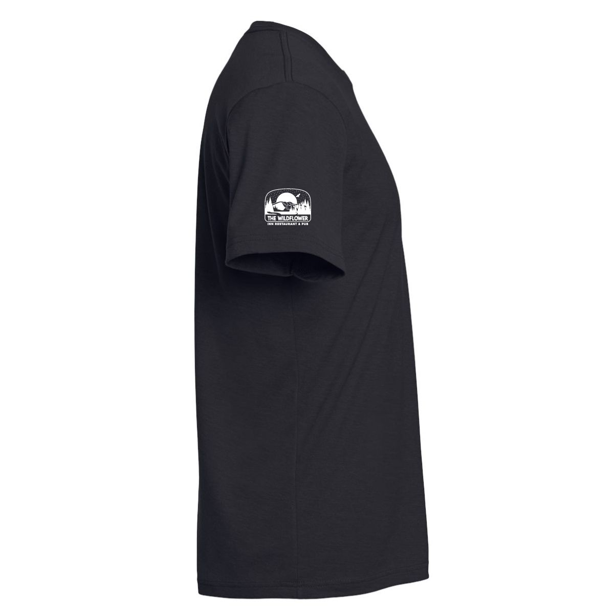 Black short-sleeve T-shirt with a small white logo on the sleeve, shown in side view