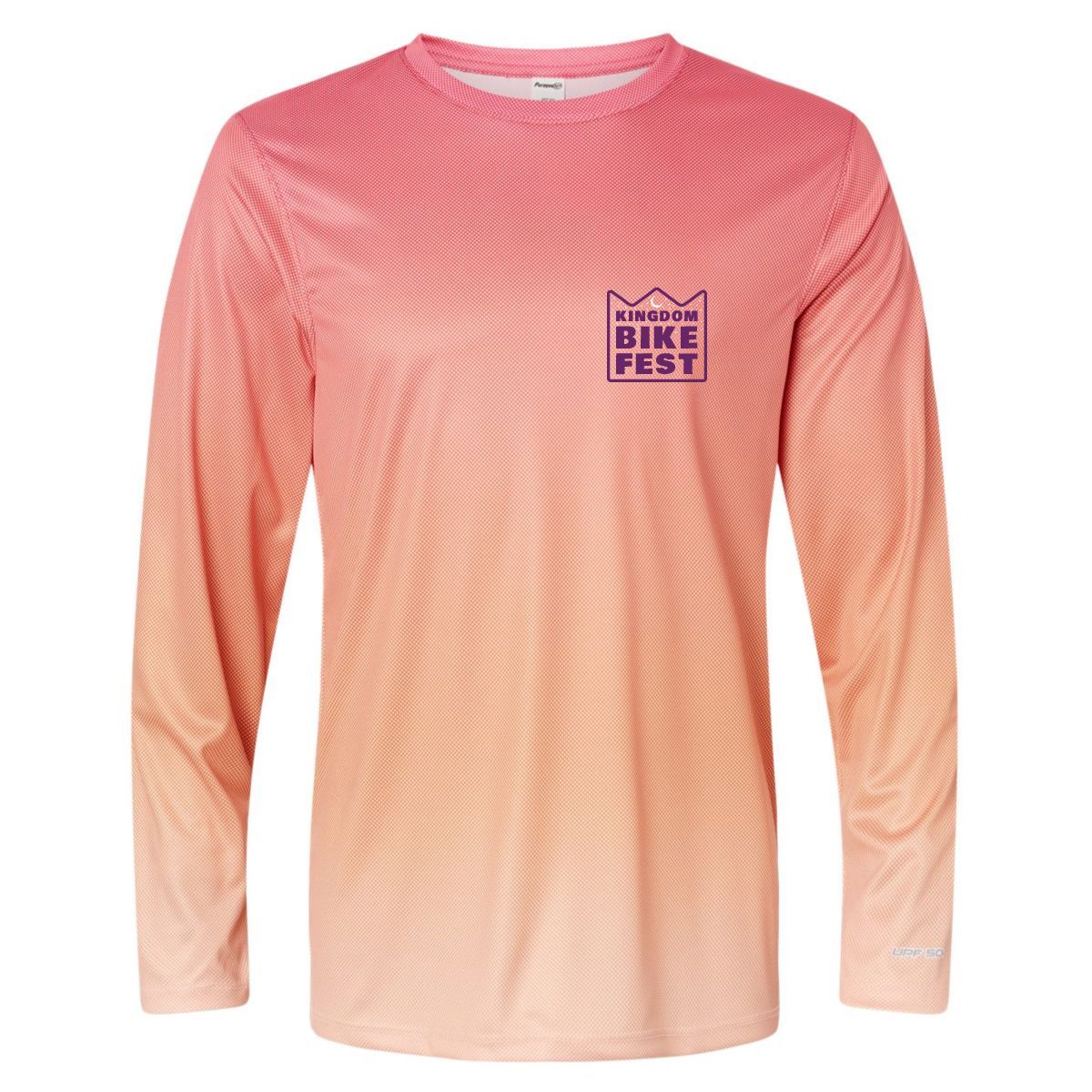 Long-sleeve coral shirt with a purple Bike Fest logo on the chest