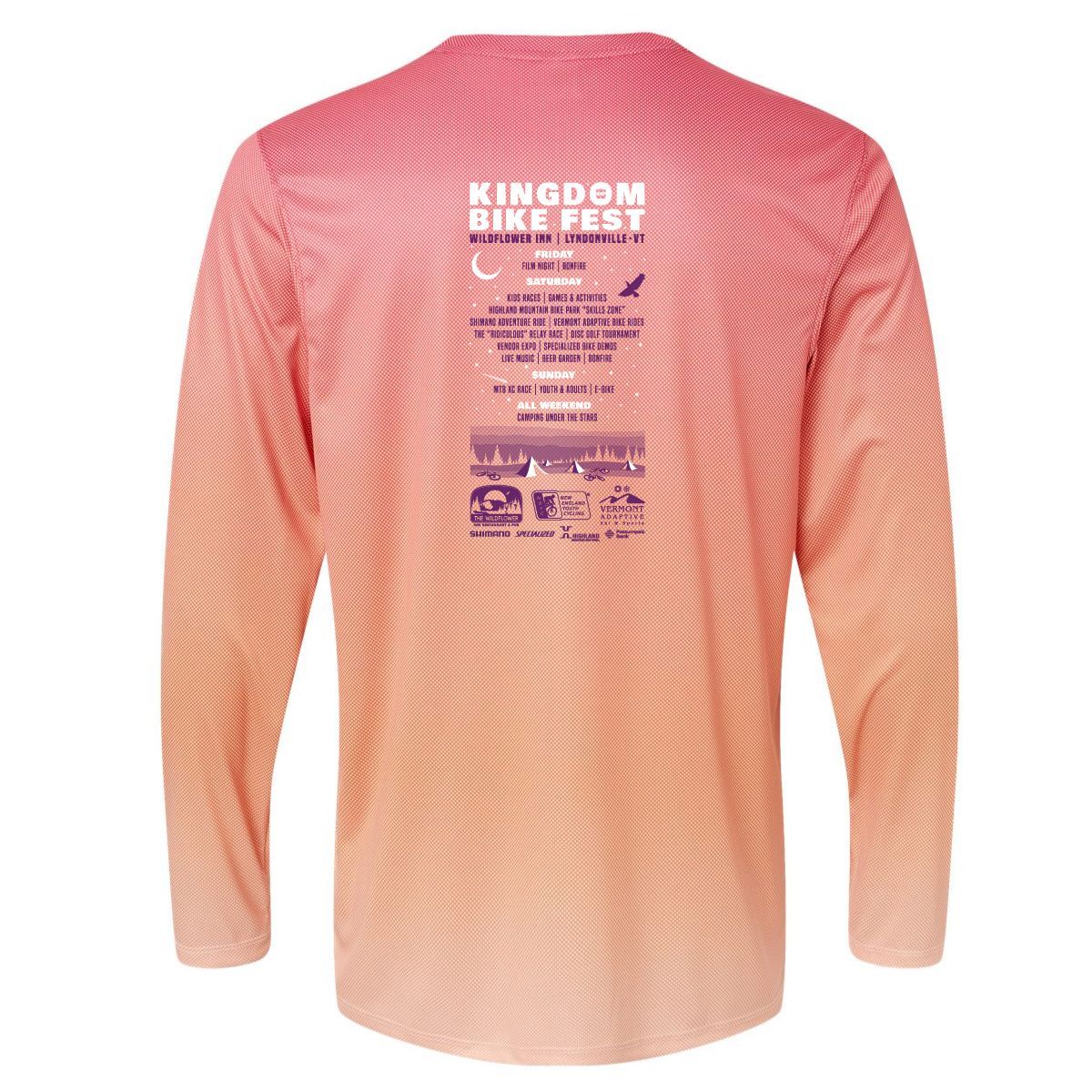 Peach long-sleeve shirt with pink Kingdom Bike Fest graphic on the back