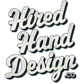 Hired Hand Design logo in black and cream script with distressed texture and .co mark