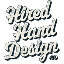 Hired Hand Design logo in black and cream script with distressed texture and .co mark