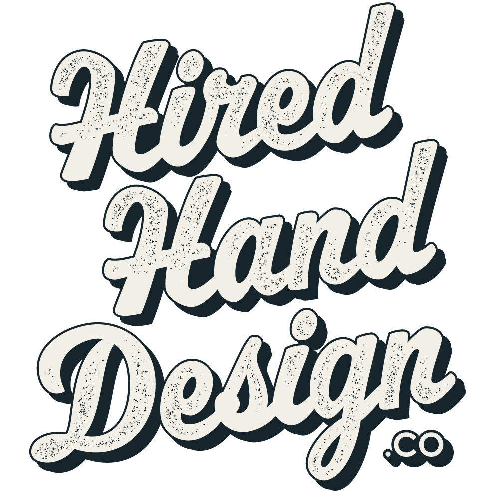 Hired Hand Design logo in black script with white outline on a light background, .co mark below