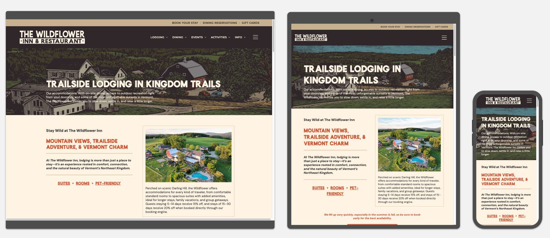 Responsive website mockups for a rainforest travel site on desktop, tablet, and phone screens