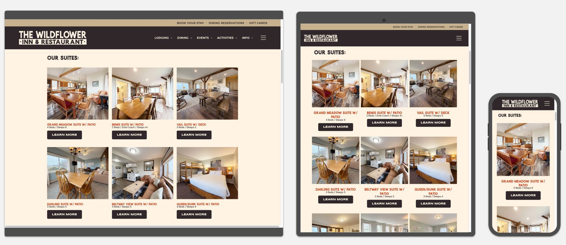 Responsive website mockup shown on desktop, tablet, and phone with a dark header and photo grid