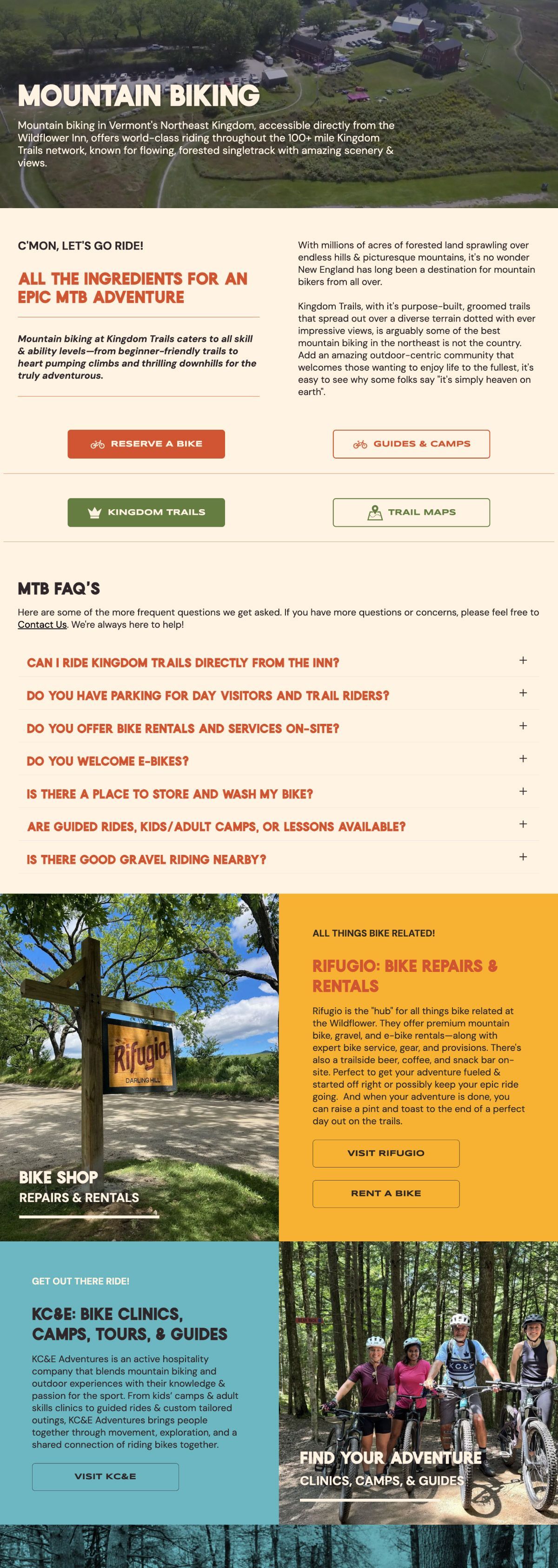 Mountain resort website landing page with trail info, autumn trees, map, and hikers on a bike path