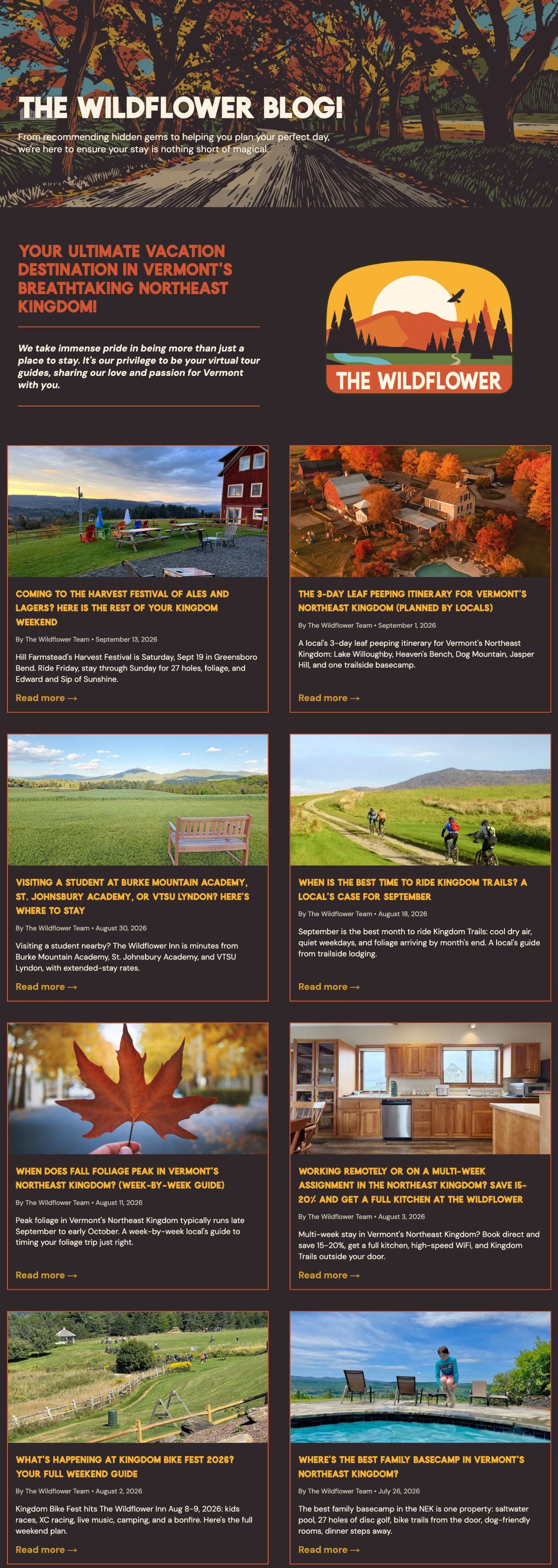 Travel blog homepage with hiking and landscape photo tiles, orange-and-black layout, and title text at top