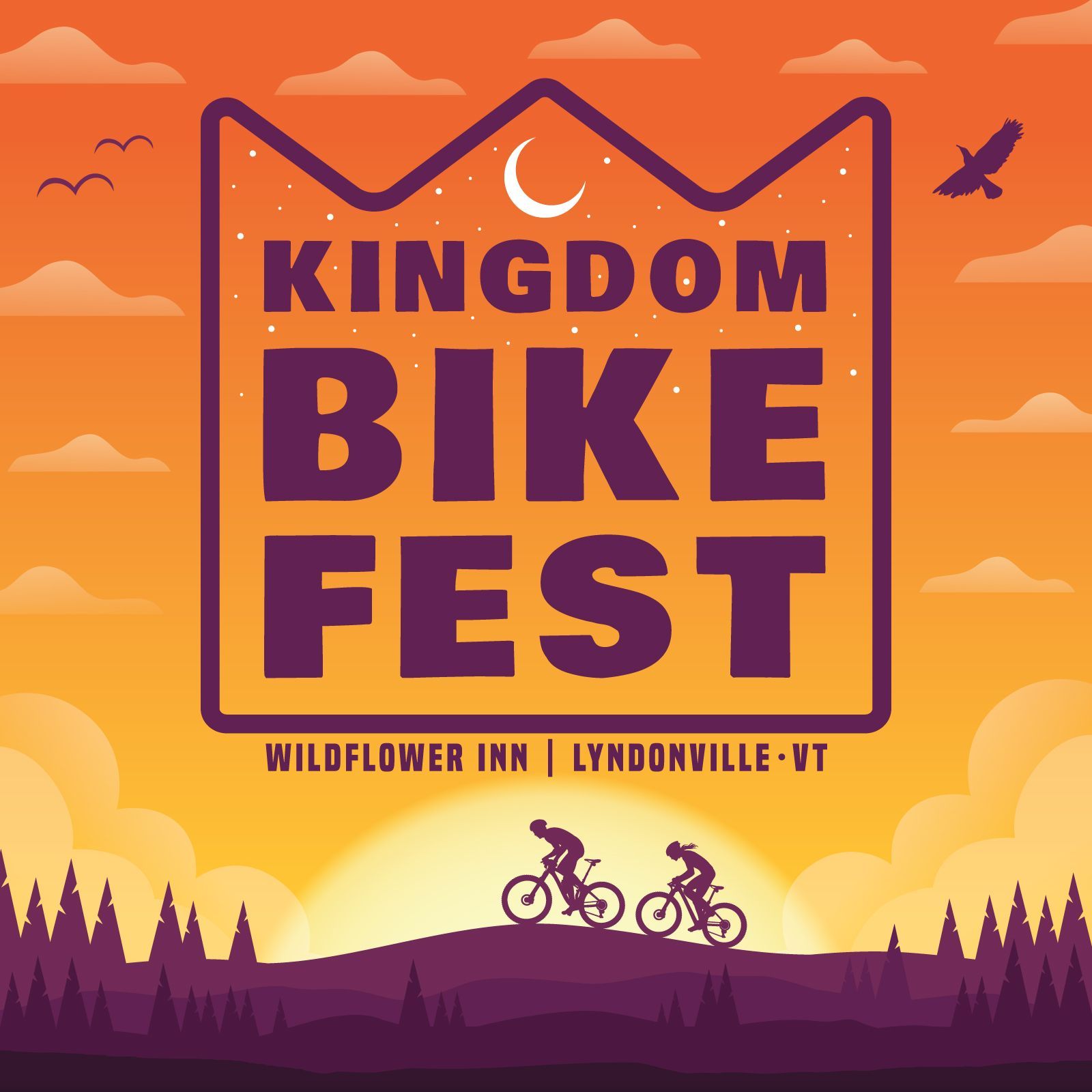 Poster for Kingdom Bike Fest at Wildflower Inn, Lyndonville, VT, with sunset sky and cyclists