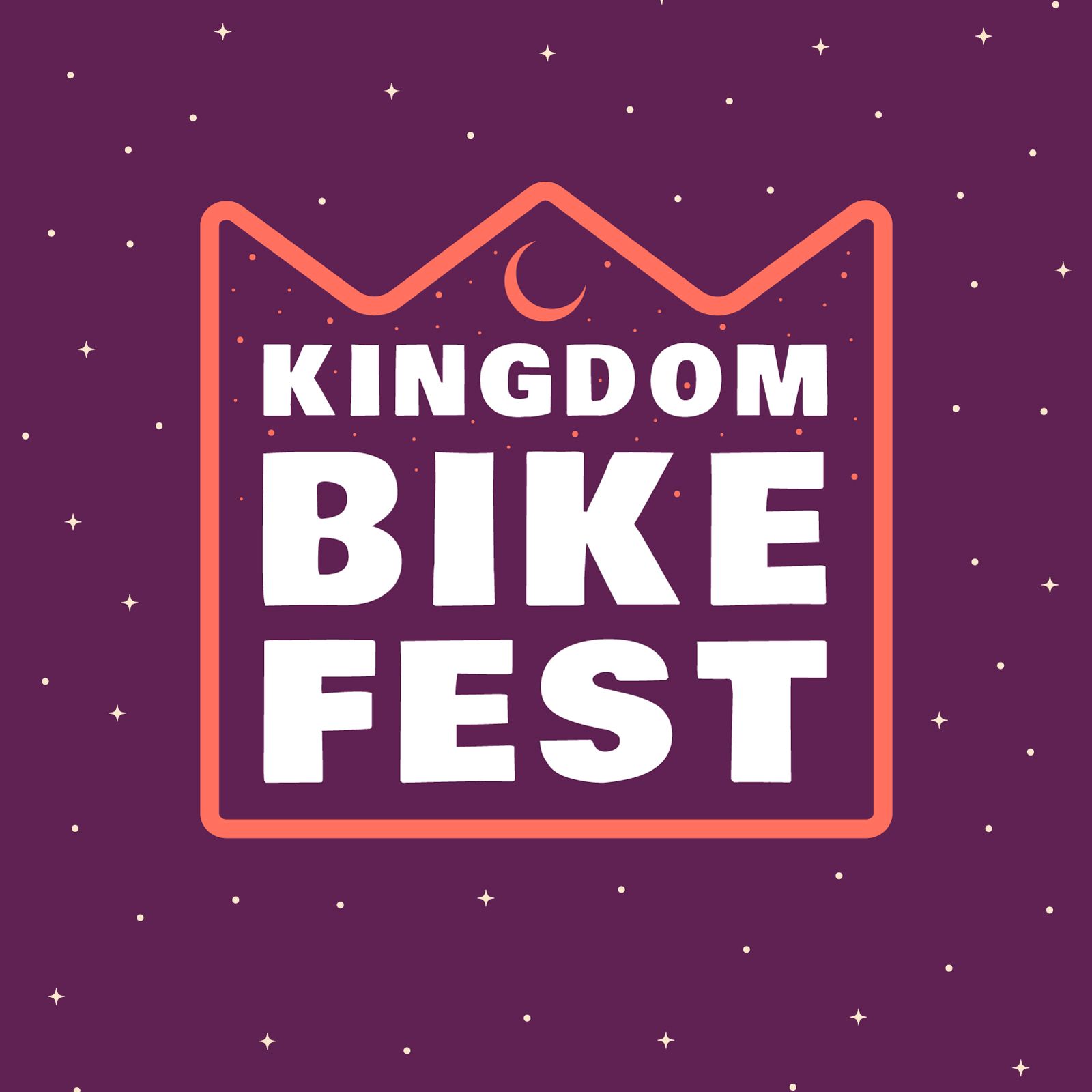 Purple logo reading “KINGDOM BIKE FEST” in white inside an orange crown outline with a crescent moon above.