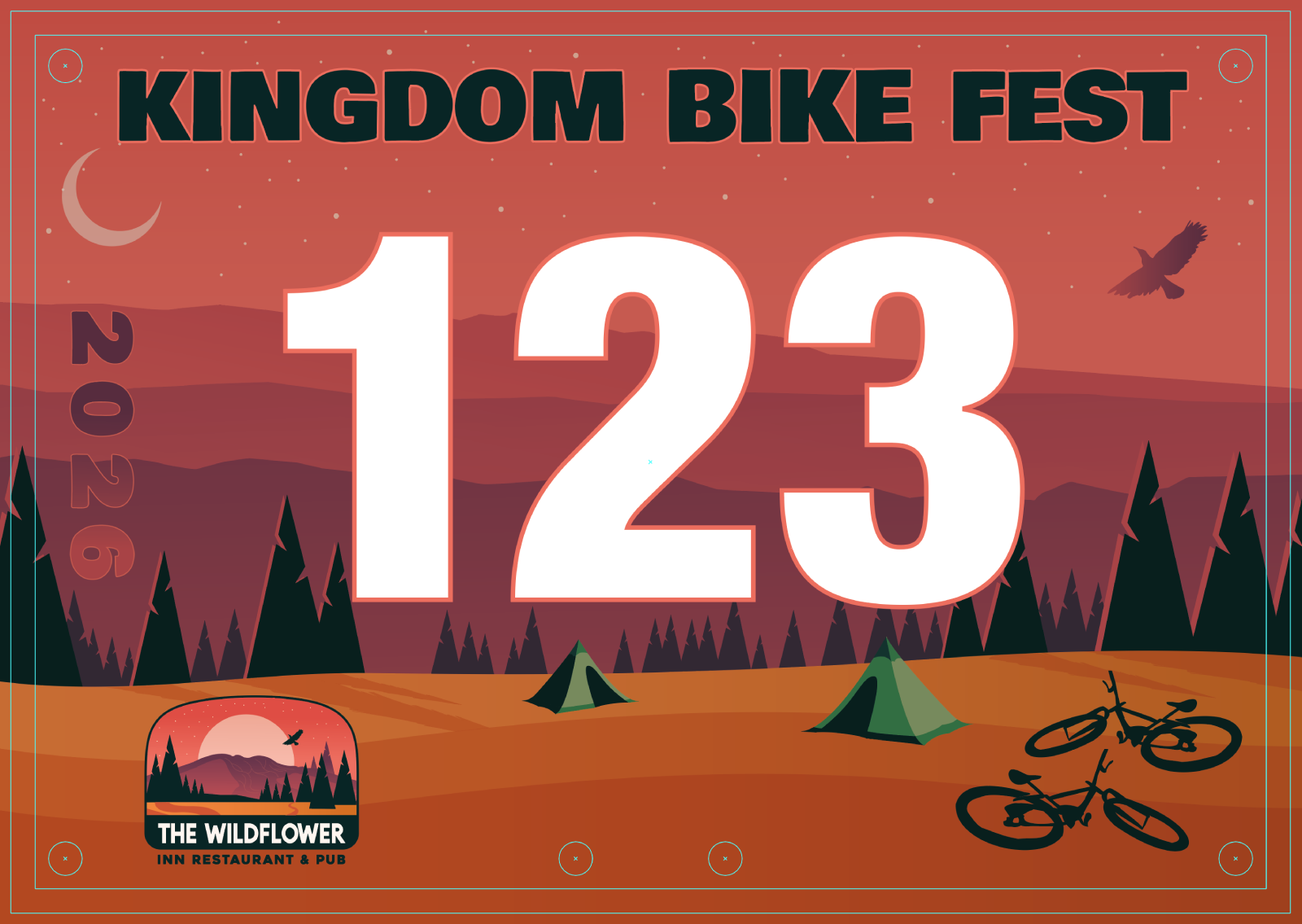 Kingdom Bike Fest poster with large white “123” over a red sunset forest scene and bike icons
