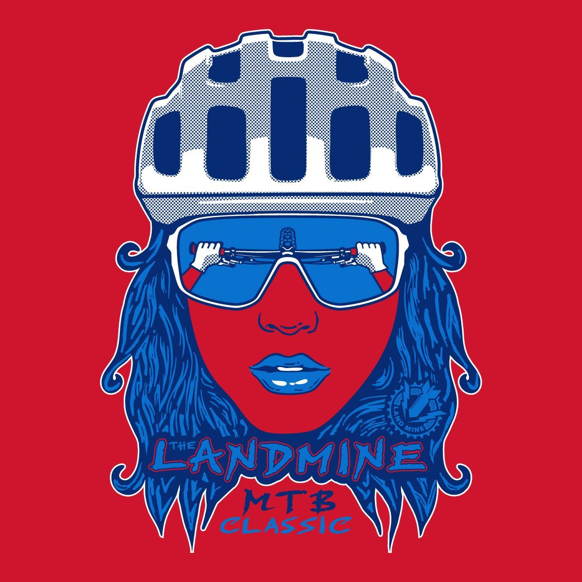 Red graphic of a helmeted face in sunglasses with “Landmine MTB Classic” text