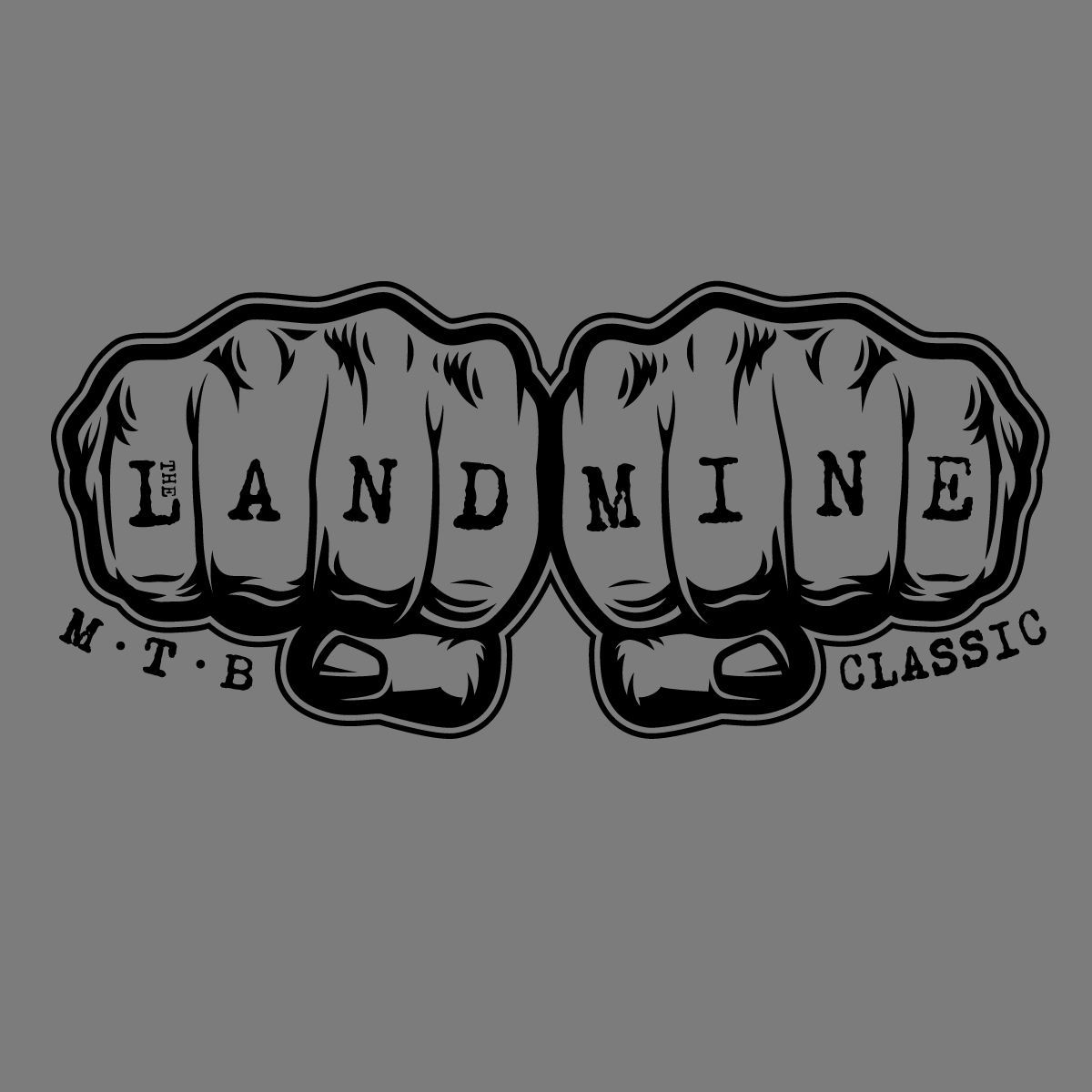Black-and-gray logo of two fists with “LANDMINE” across the knuckles and small “M.T.B Classic” text below