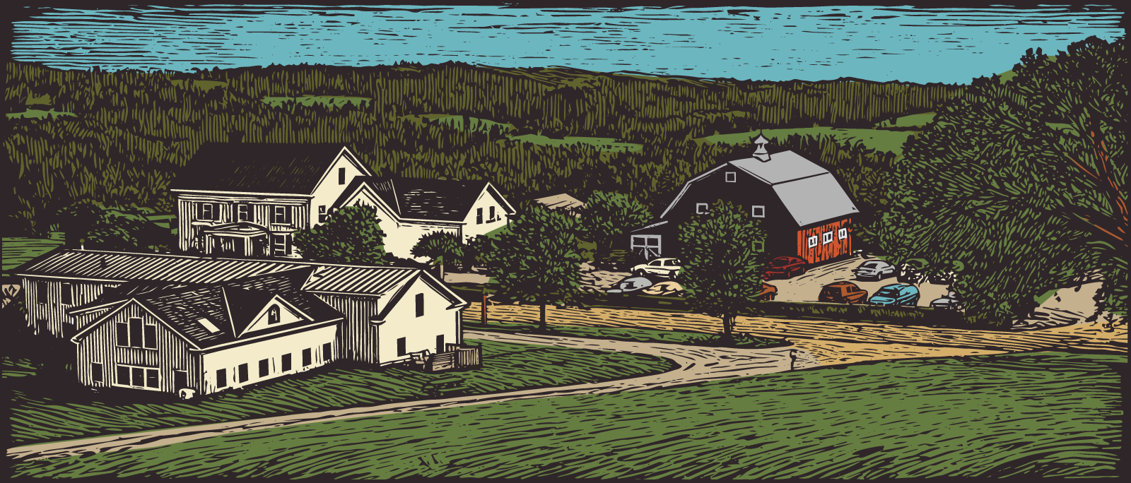 Country farm with white houses, a red barn, and green fields under a blue sky.