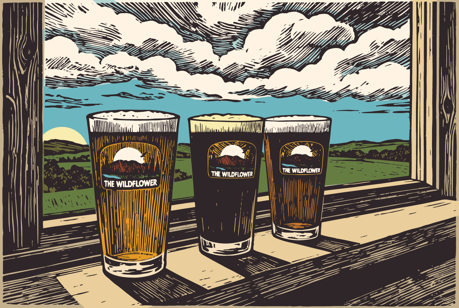 Three pint glasses of beer on a windowsill overlooking a green landscape and cloudy sky.