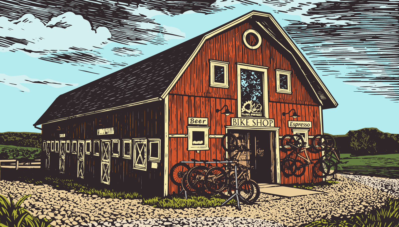Rustic red barn with bicycles parked outside under a cloudy sky