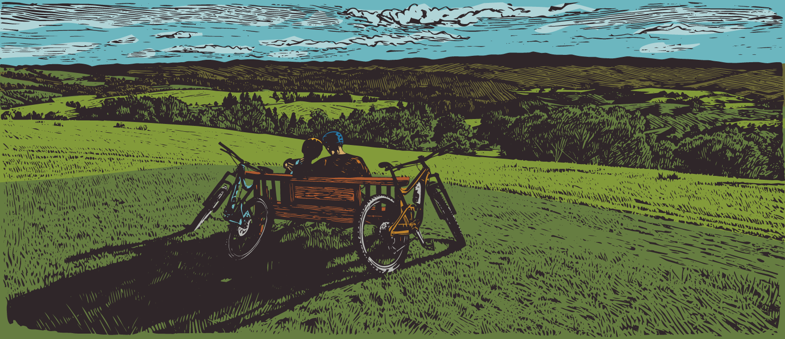 Two people sit in a wooden cart on a grassy hill overlooking a blue sea and distant shoreline.