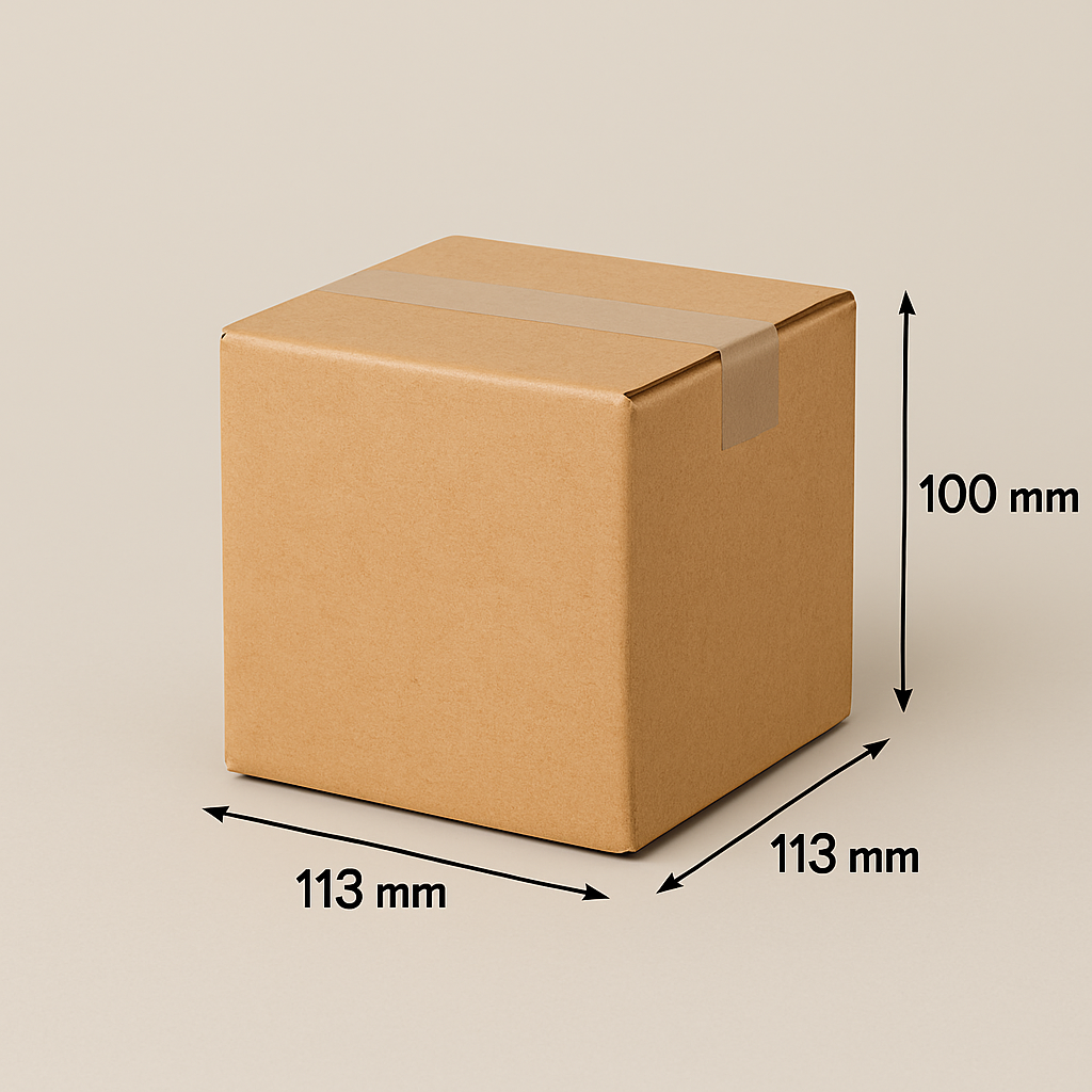 Bruine kartonnen doos met de afmetingen: 113 mm x 113 mm x 100 mm.