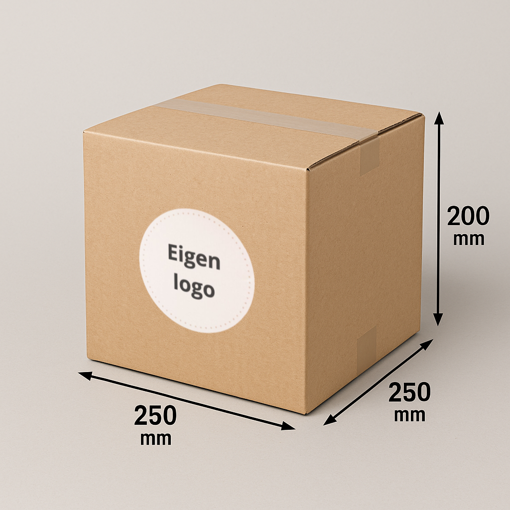 Kartonnen doos met afmetingen 250 mm x 250 mm x 200 mm en een label met de tekst