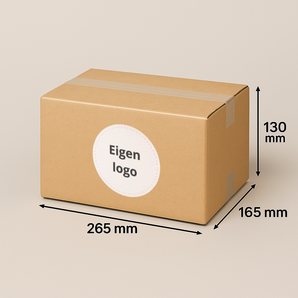Kartonnen doos met afmetingen, label met