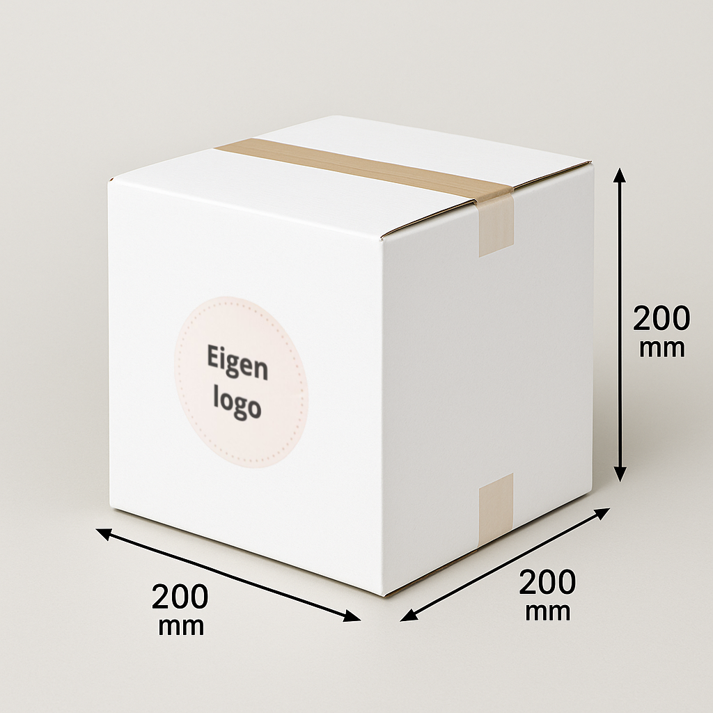 Witte, vierkante doos met tape, zijkanten 200 mm, sticker met