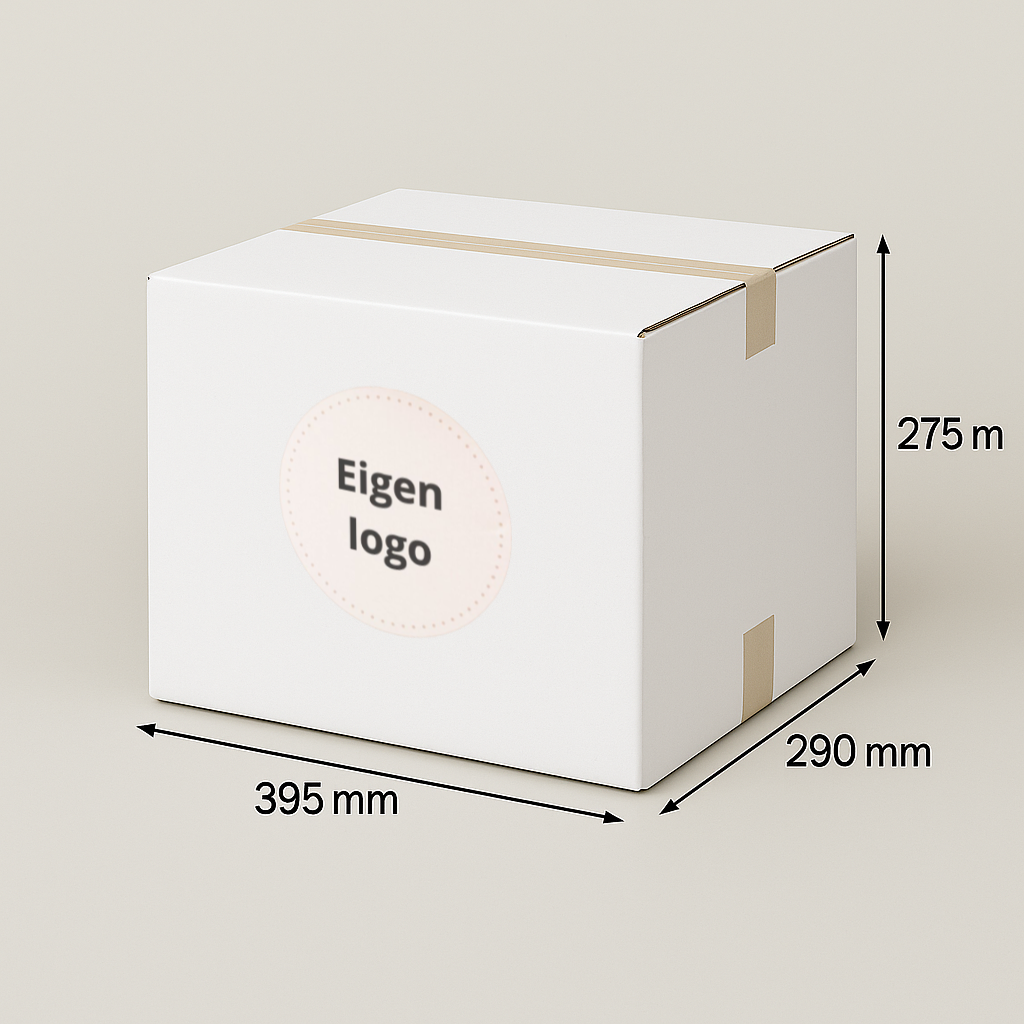 Witte doos met afmetingen aangegeven,