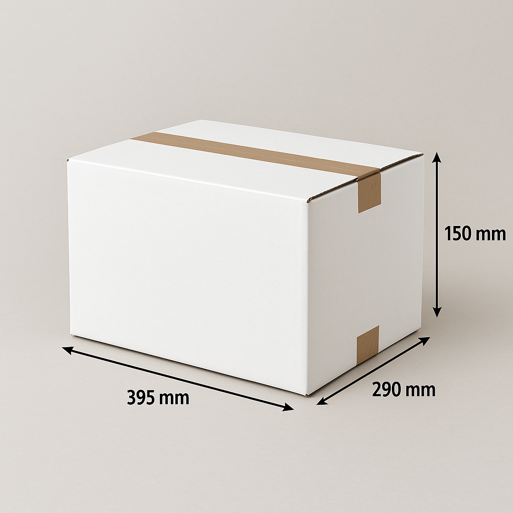 Witte kartonnen doos met bruine tape en gelabelde afmetingen: 395 mm x 290 mm x 150 mm.
