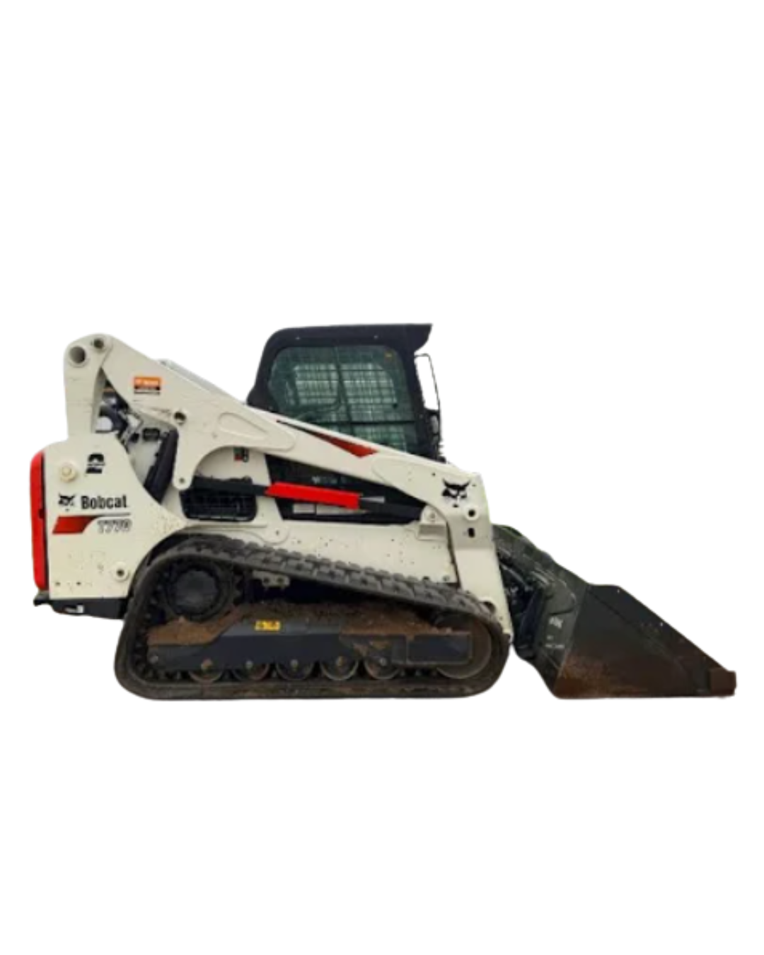 White Bobcat compact track loader with bucket, on a white background.